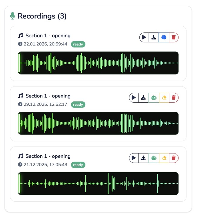 Trumpet player recording a practice session